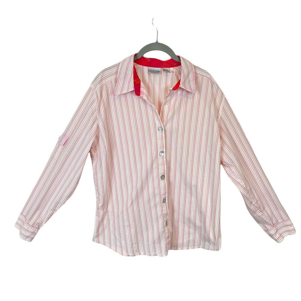 Chico's Shirt Women's Pink Tan Striped Long Sleeve Collared Button Front Size L